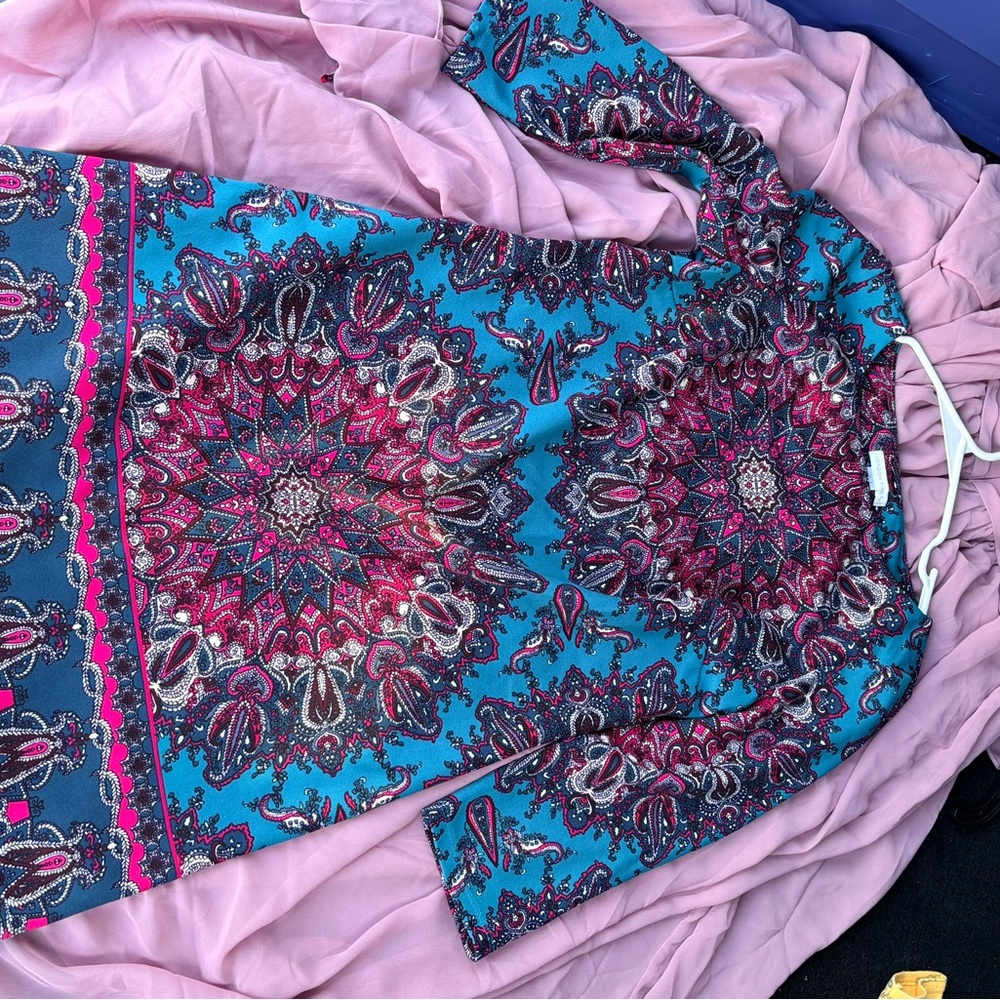 London Times Turquoise & Fuchsia Paisley Medallion Long Sleeve Shift Dress